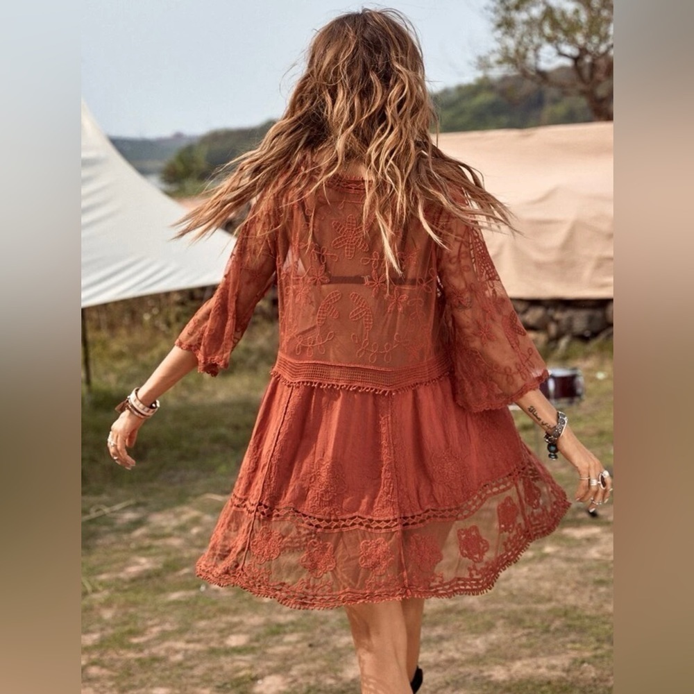Bohemian Embroidered Floral Lace Sheer Mesh Top Swimsuit Coverup - Picture 3 of 9